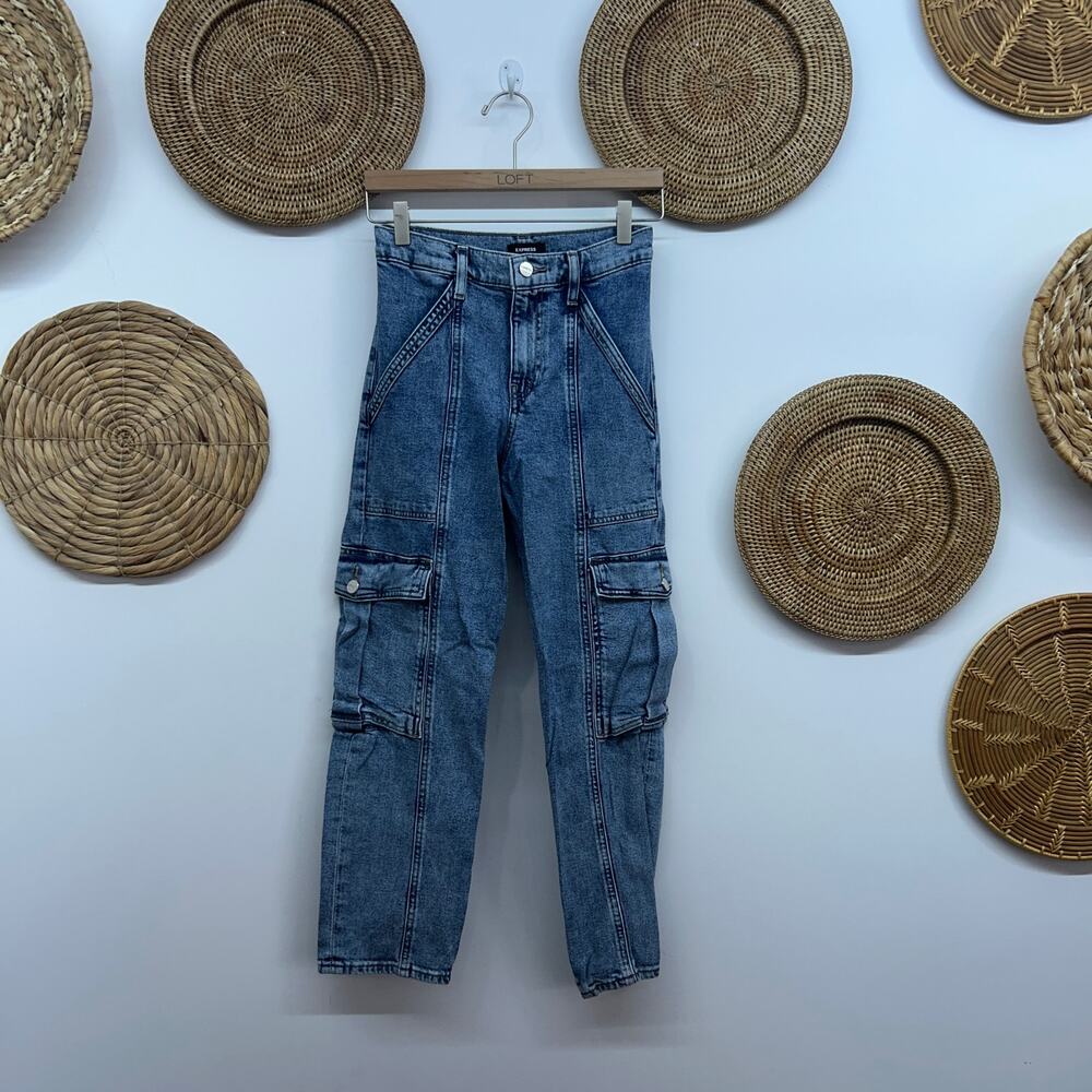 Express Blue High Waist High Rise Straight Ankle Cargo Denim Jean w/ Pockets 0